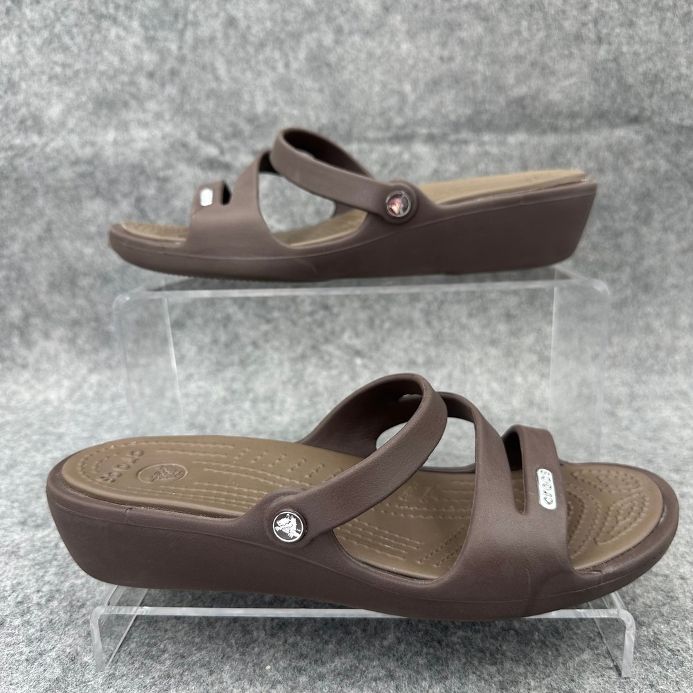 Crocs Patricia Wedge Sandal Womens 7 W7 Brown Strappy Croslite Comfort Slide